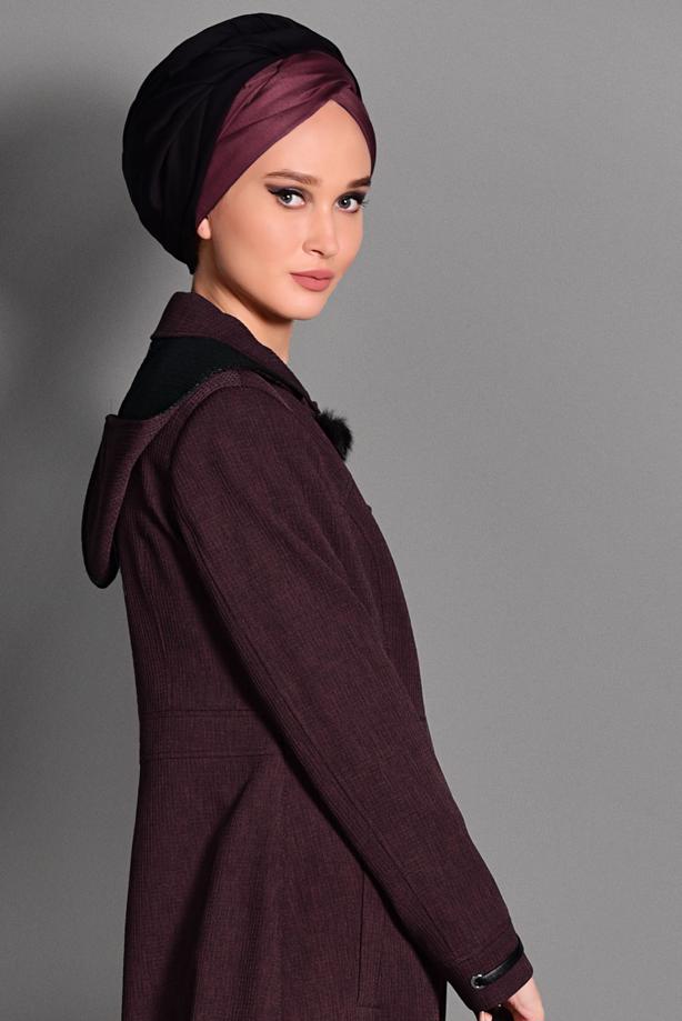 Hijab clothing CLARET RED HIDDEN BUTTONED TOPCOAT WITH POCKETS  1154  - TRENDTESETTÜR