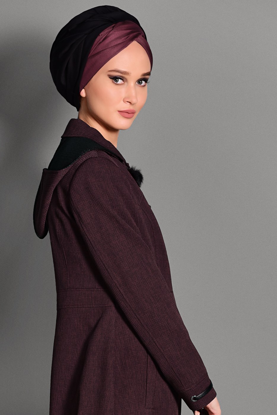 Hijab clothing CLARET RED HIDDEN BUTTONED TOPCOAT WITH POCKETS  1154 
