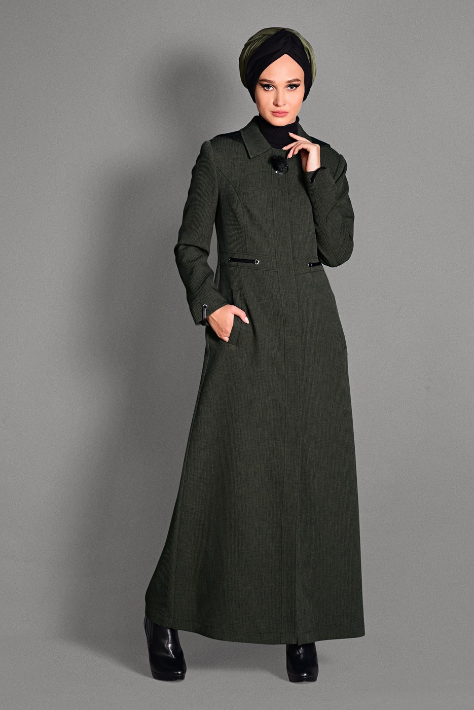 Hijab clothing KHAKI HIDDEN BUTTONED TOPCOAT WITH POCKETS  1154 