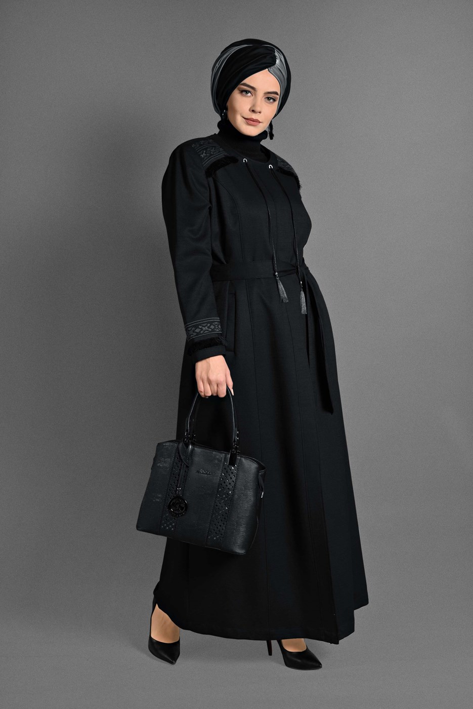 Vêtements hijab NOIR PARDESSUS FRANGE 1156