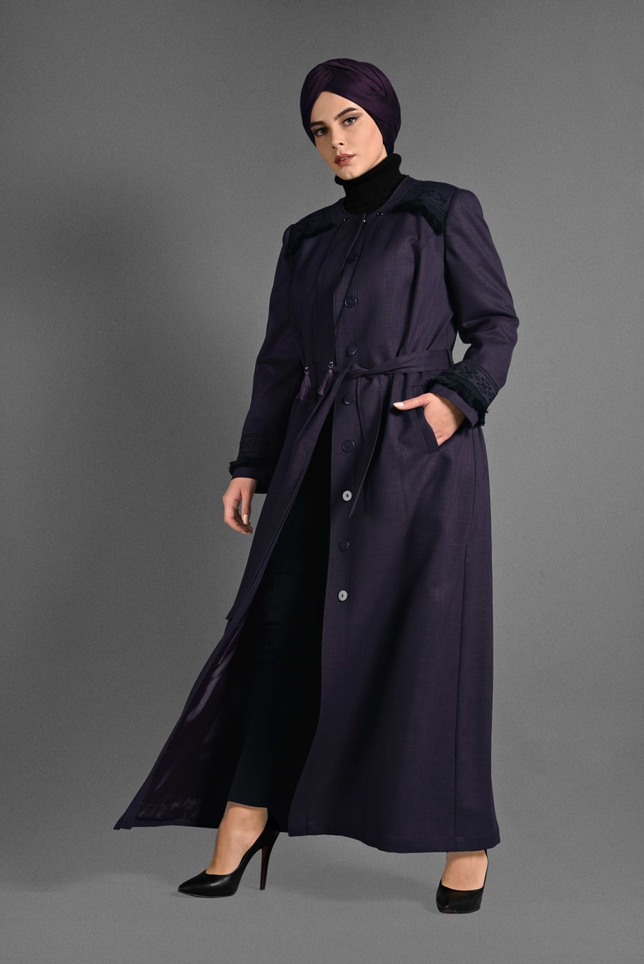 Hijab clothing PLUM FRINGE DETAILED OVERCOAT 1156