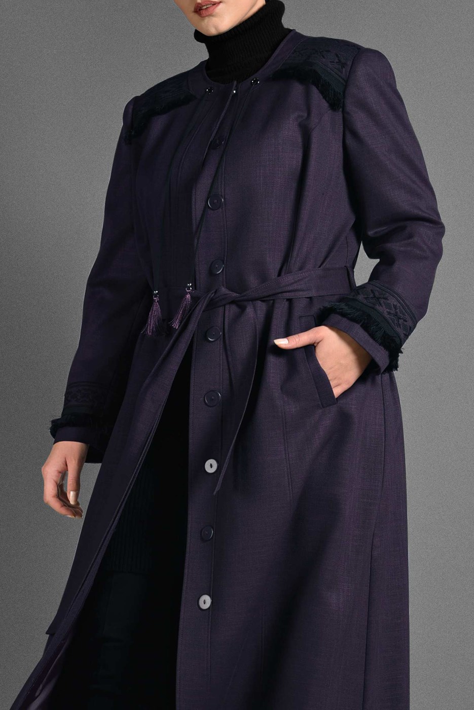 Hijab clothing PLUM FRINGE DETAILED OVERCOAT 1156