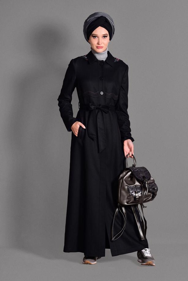 Hijab clothing BLACK HOOK DETAIL OVERCOAT 1162 - TRENDTESETTÜR