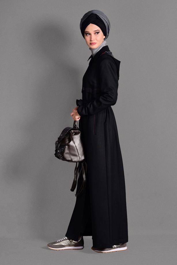 Hijab clothing BLACK HOOK DETAIL OVERCOAT 1162 - TRENDTESETTÜR