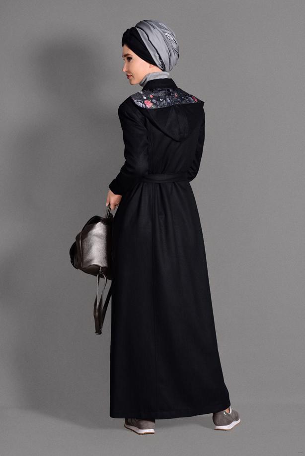 Hijab clothing BLACK HOOK DETAIL OVERCOAT 1162 - TRENDTESETTÜR