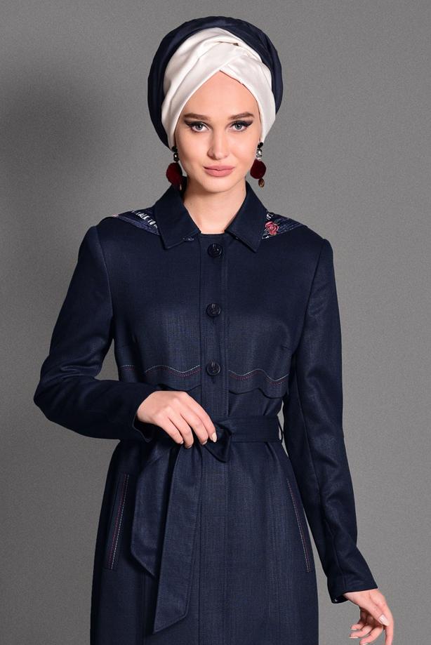 Hijab clothing NAVY BLUE HOOK DETAIL OVERCOAT 1162 - TRENDTESETTÜR