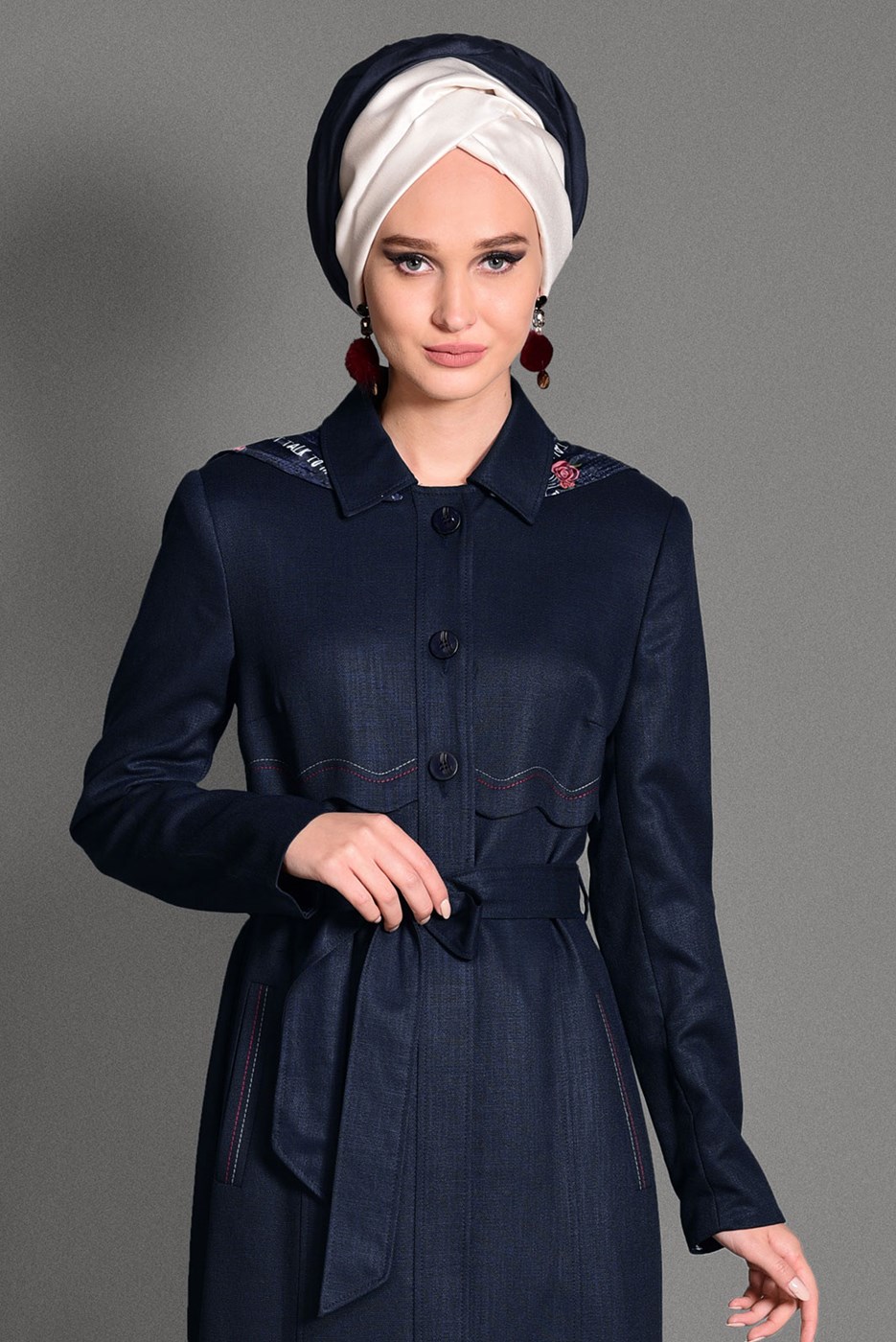 Hijab clothing NAVY BLUE HOOK DETAIL OVERCOAT 1162