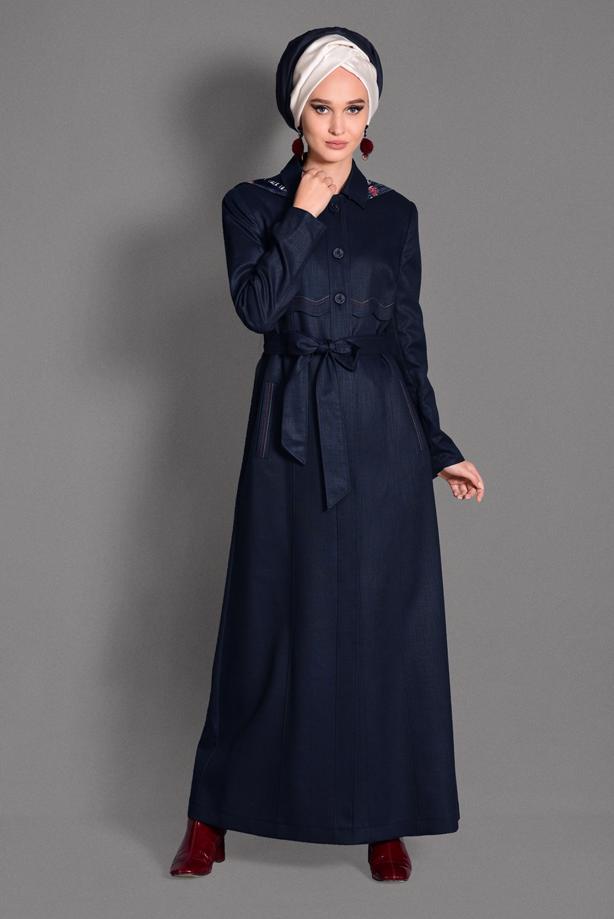 Hijab clothing NAVY BLUE HOOK DETAIL OVERCOAT 1162 - TRENDTESETTÜR