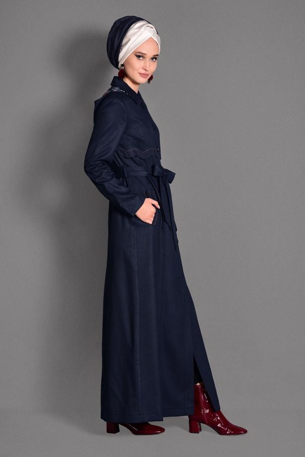 Hijab clothing NAVY BLUE HOOK DETAIL OVERCOAT 1162 - TRENDTESETTÜR