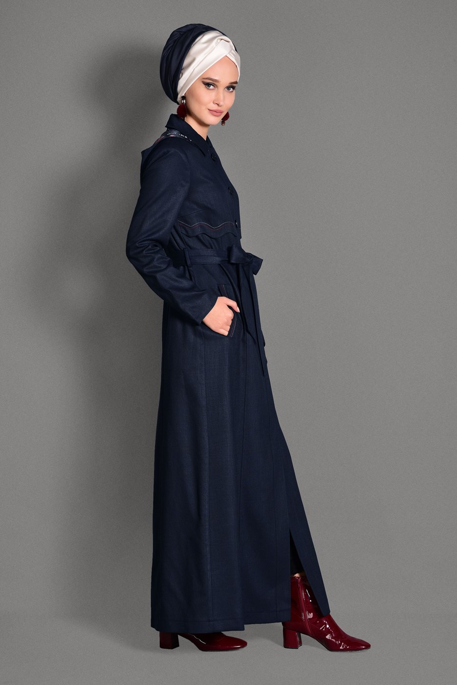 Hijab clothing NAVY BLUE HOOK DETAIL OVERCOAT 1162