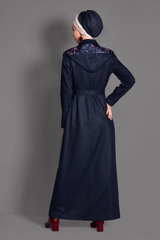 Hijab clothing NAVY BLUE HOOK DETAIL OVERCOAT 1162 - TRENDTESETTÜR