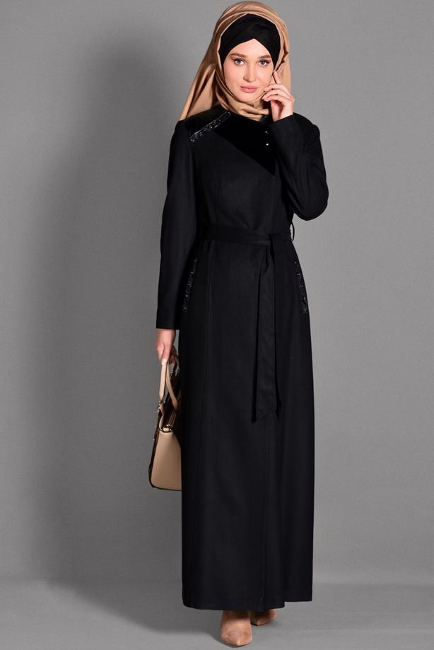 Tesettür giyim SİYAH BELİ KUŞAKLI CEP DETAYLI PARDESÜ 1163  - TRENDTESETTÜR