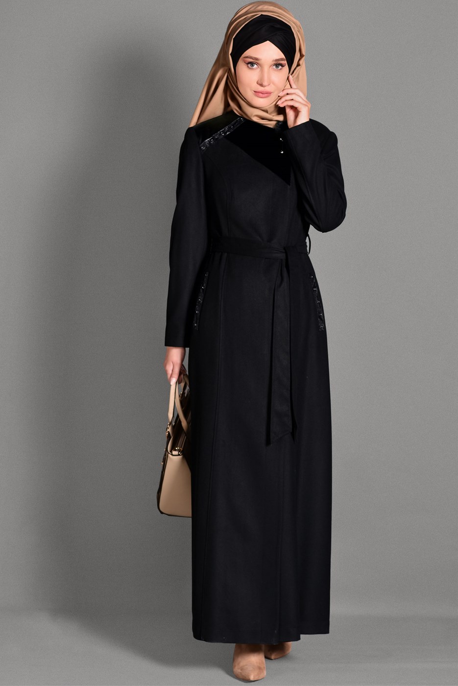 Tesettür giyim SİYAH BELİ KUŞAKLI CEP DETAYLI PARDESÜ 1163 