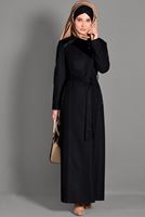 Tesettür giyim SİYAH BELİ KUŞAKLI CEP DETAYLI PARDESÜ 1163 