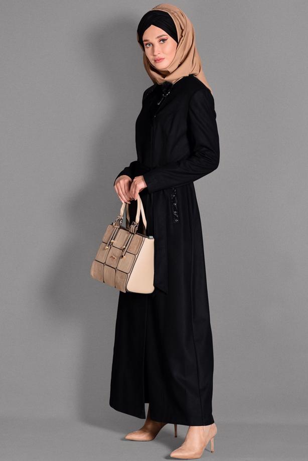 Tesettür giyim SİYAH BELİ KUŞAKLI CEP DETAYLI PARDESÜ 1163  - TRENDTESETTÜR