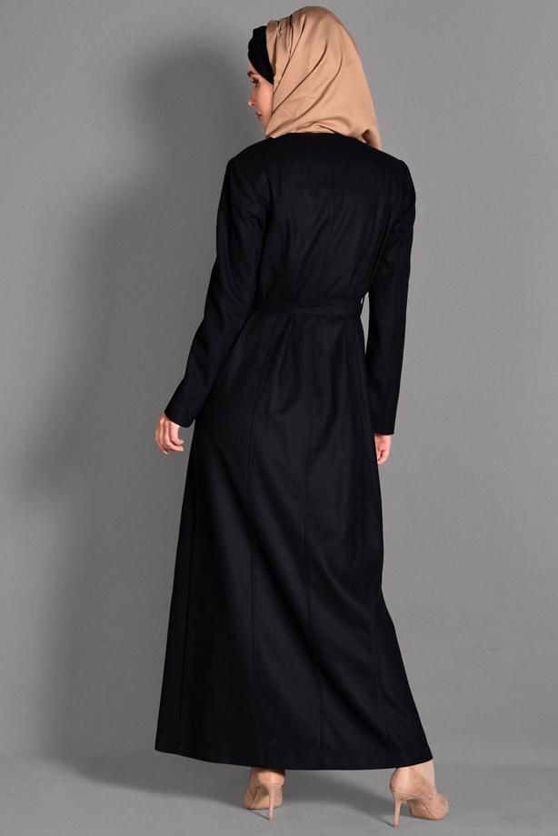 Tesettür giyim SİYAH BELİ KUŞAKLI CEP DETAYLI PARDESÜ 1163  - TRENDTESETTÜR