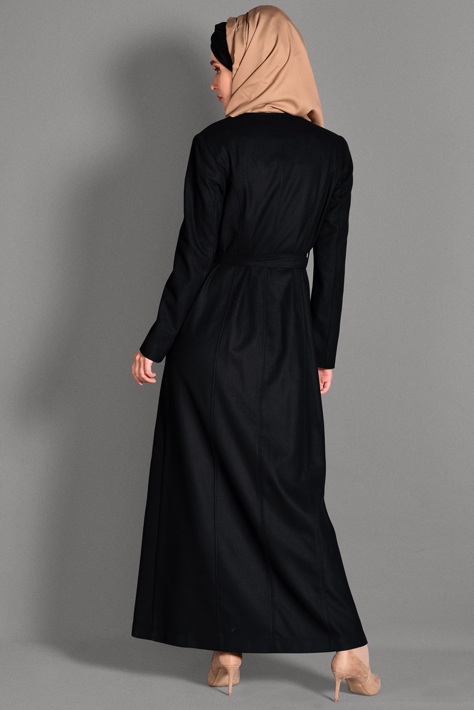 Tesettür giyim SİYAH BELİ KUŞAKLI CEP DETAYLI PARDESÜ 1163 