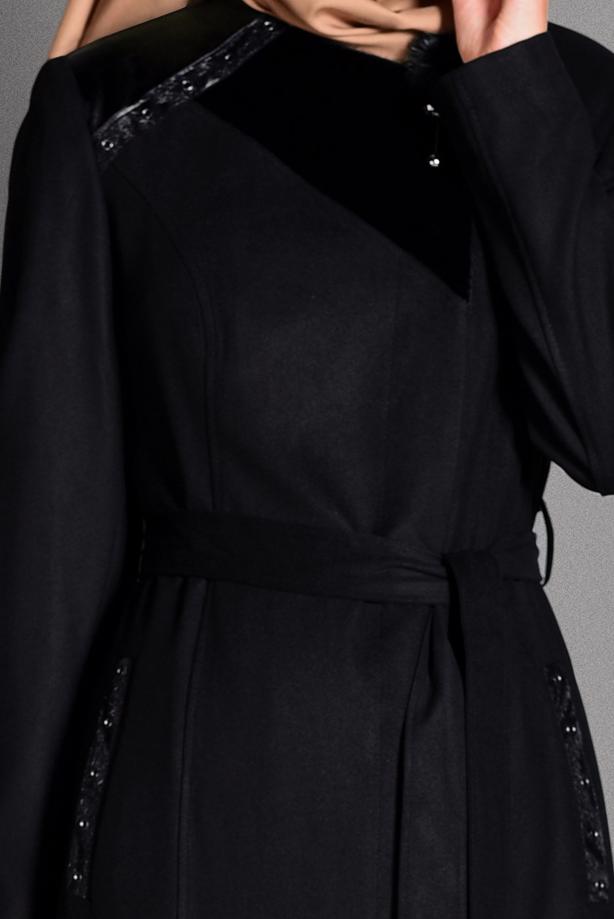 Tesettür giyim SİYAH BELİ KUŞAKLI CEP DETAYLI PARDESÜ 1163  - TRENDTESETTÜR