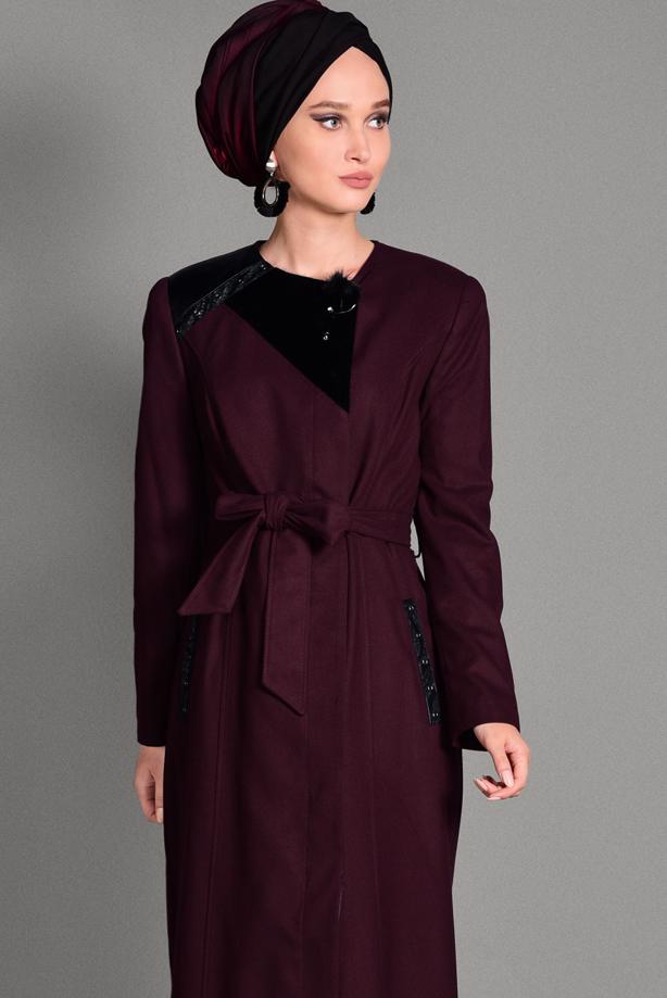Hijab clothing CLARET RED BELTED TOPCOAT WITH POCKETS 1163  - TRENDTESETTÜR