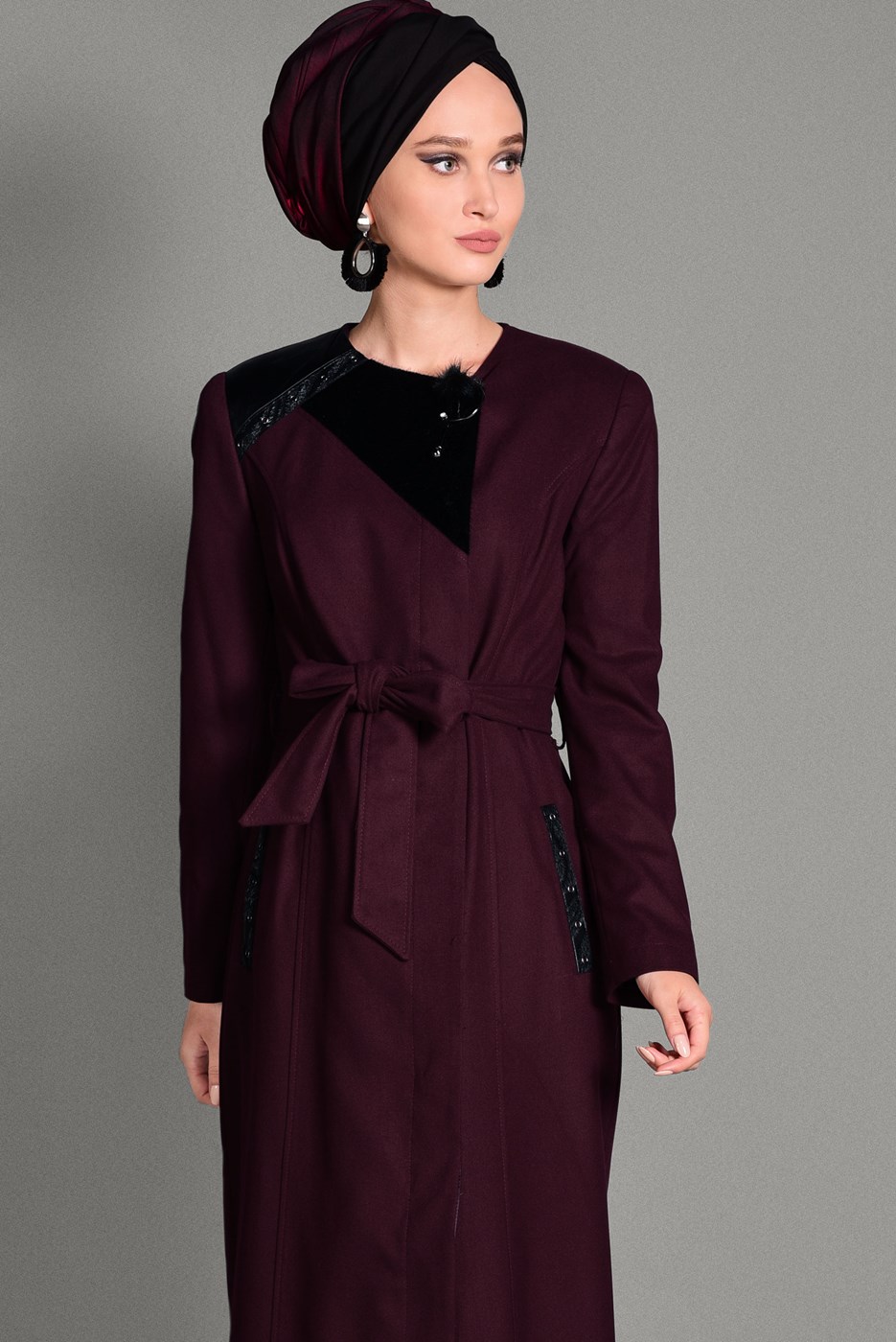 Hijab clothing CLARET RED BELTED TOPCOAT WITH POCKETS 1163 