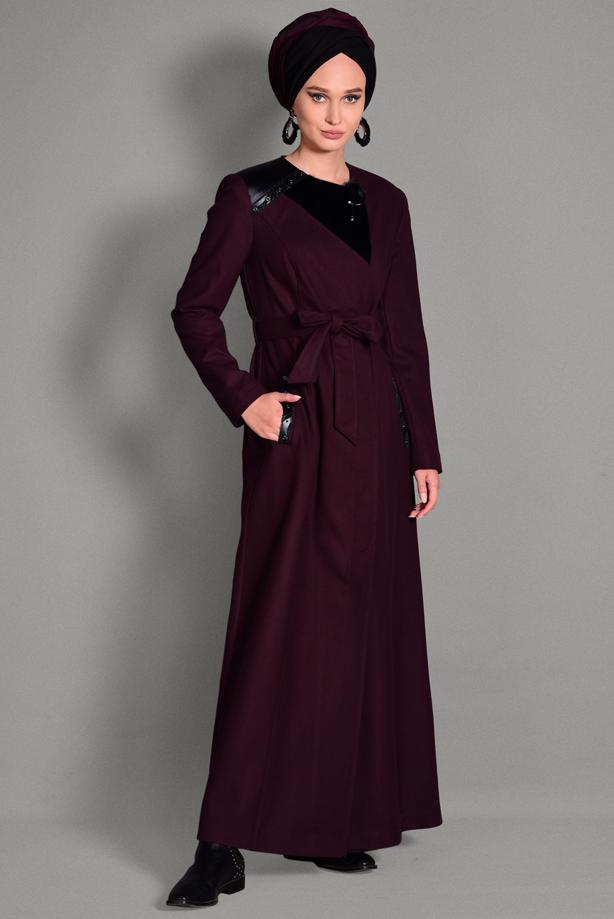 Tesettür giyim BORDO BELİ KUŞAKLI CEP DETAYLI PARDESÜ 1163  - TRENDTESETTÜR