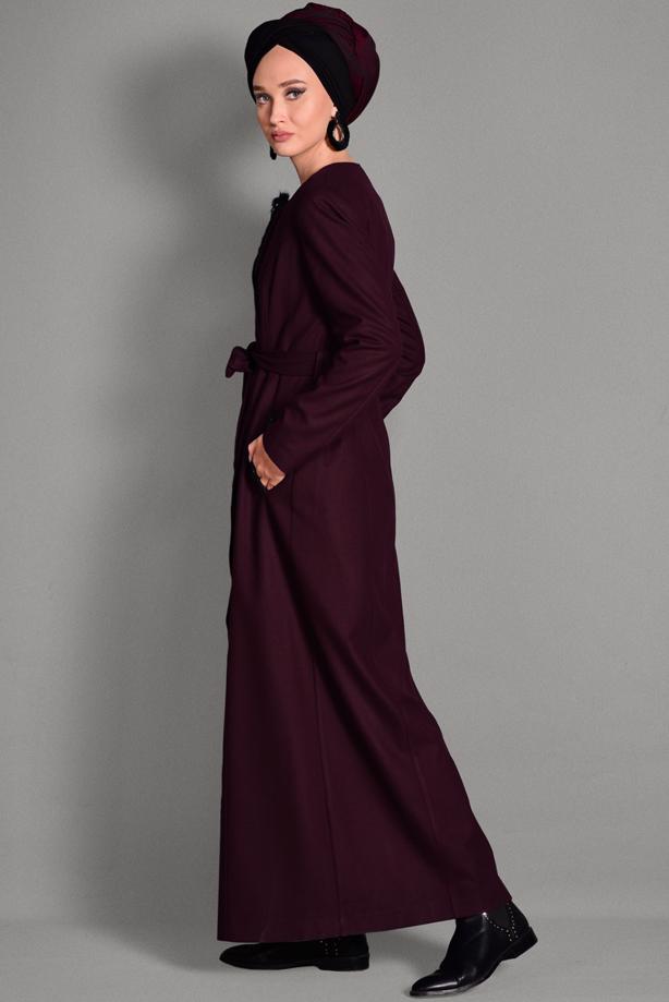 Hijab clothing CLARET RED BELTED TOPCOAT WITH POCKETS 1163  - TRENDTESETTÜR