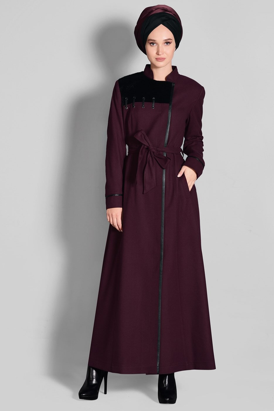 Tesettür giyim BORDO HAKİM YAKA FERMUARLI PARDESÜ 1164 