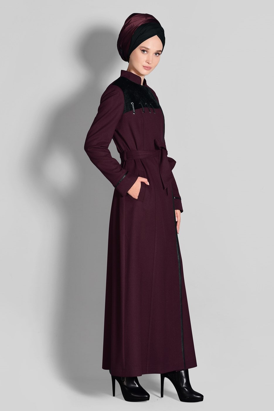 Tesettür giyim BORDO HAKİM YAKA FERMUARLI PARDESÜ 1164 