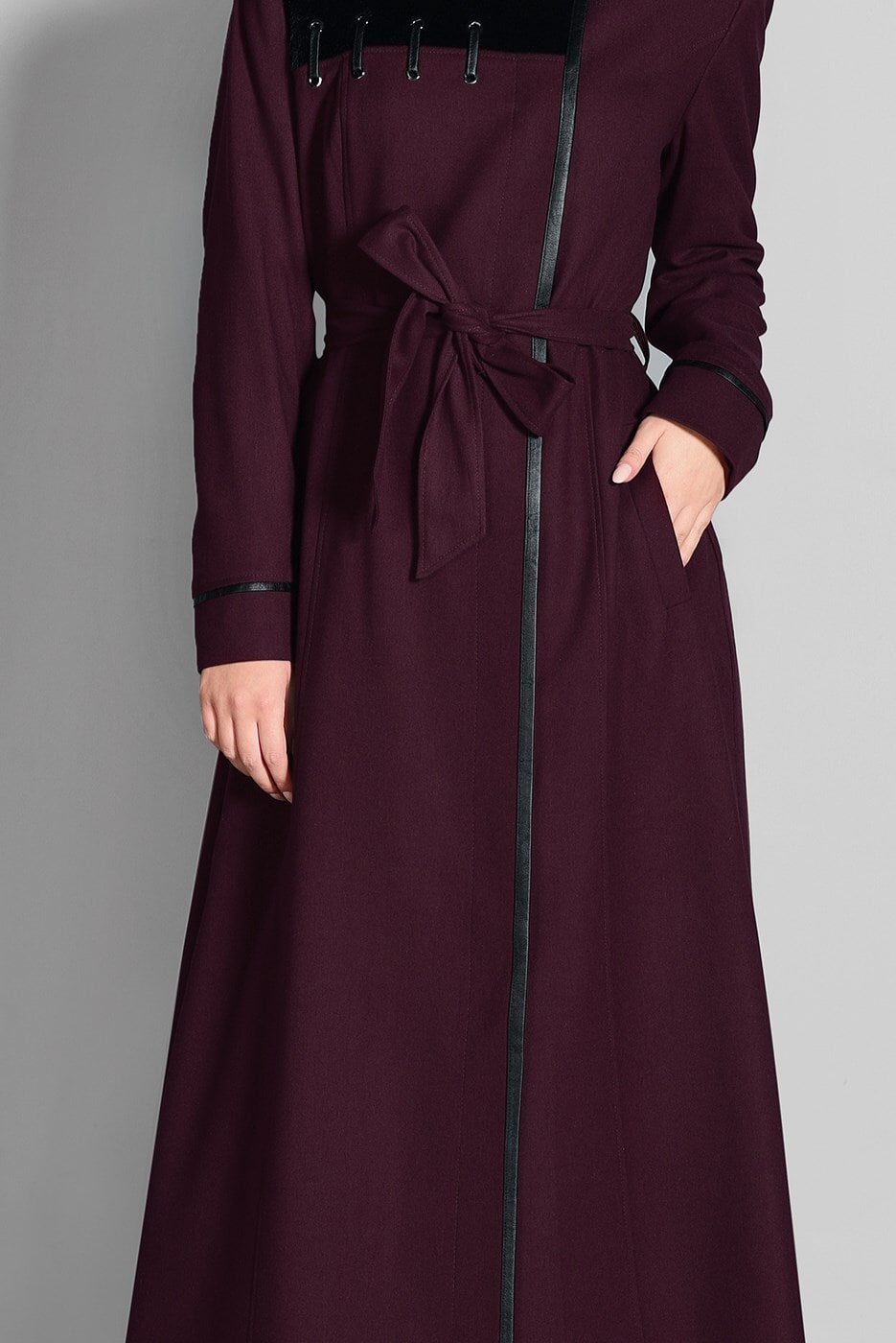 Tesettür giyim BORDO HAKİM YAKA FERMUARLI PARDESÜ 1164 