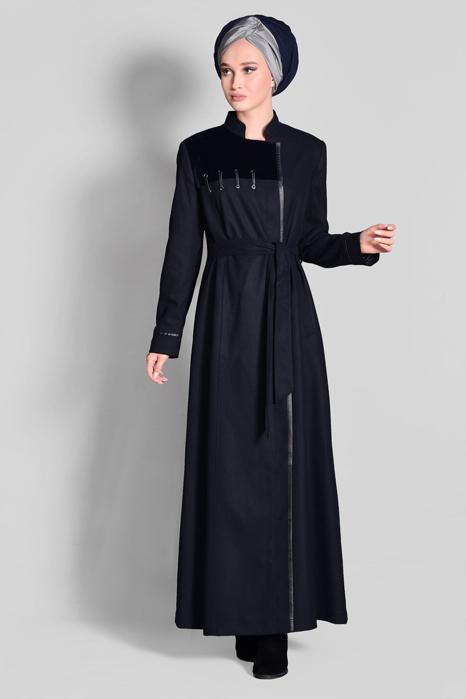 Tesettür giyim LACİVERT HAKİM YAKA FERMUARLI PARDESÜ 1164 
