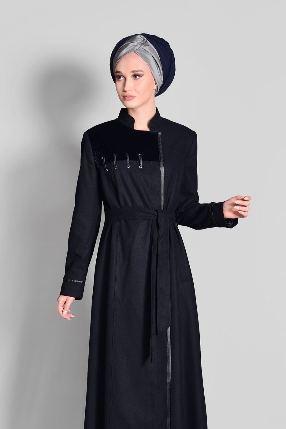 Tesettür giyim LACİVERT HAKİM YAKA FERMUARLI PARDESÜ 1164 