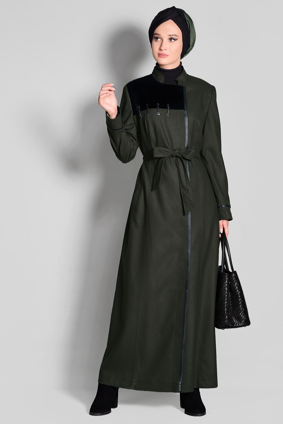 Tesettür giyim HAKİ HAKİM YAKA FERMUARLI PARDESÜ 1164 