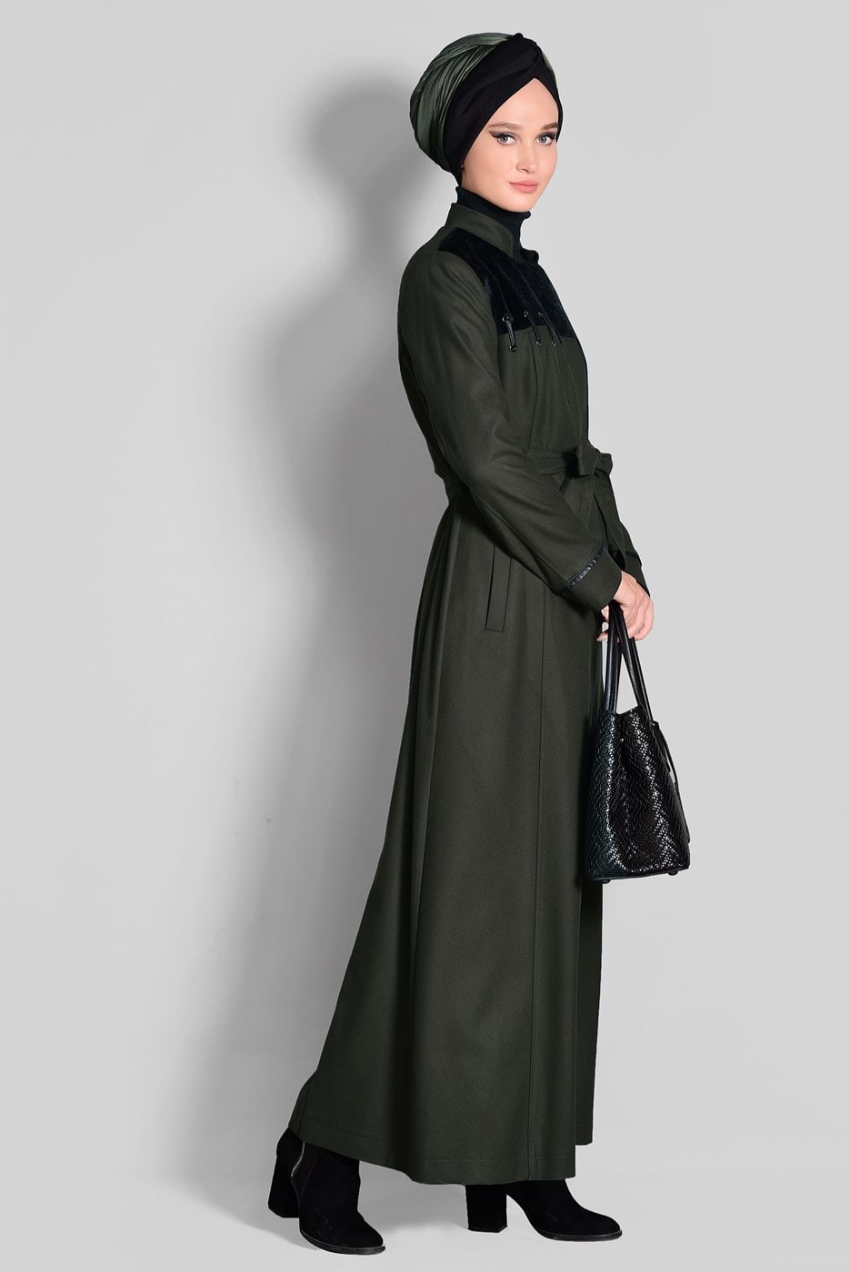 Tesettür giyim HAKİ HAKİM YAKA FERMUARLI PARDESÜ 1164 