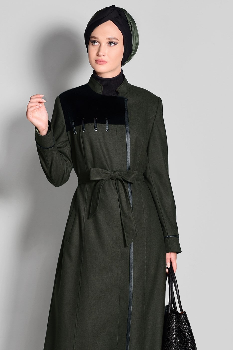 Tesettür giyim HAKİ HAKİM YAKA FERMUARLI PARDESÜ 1164 