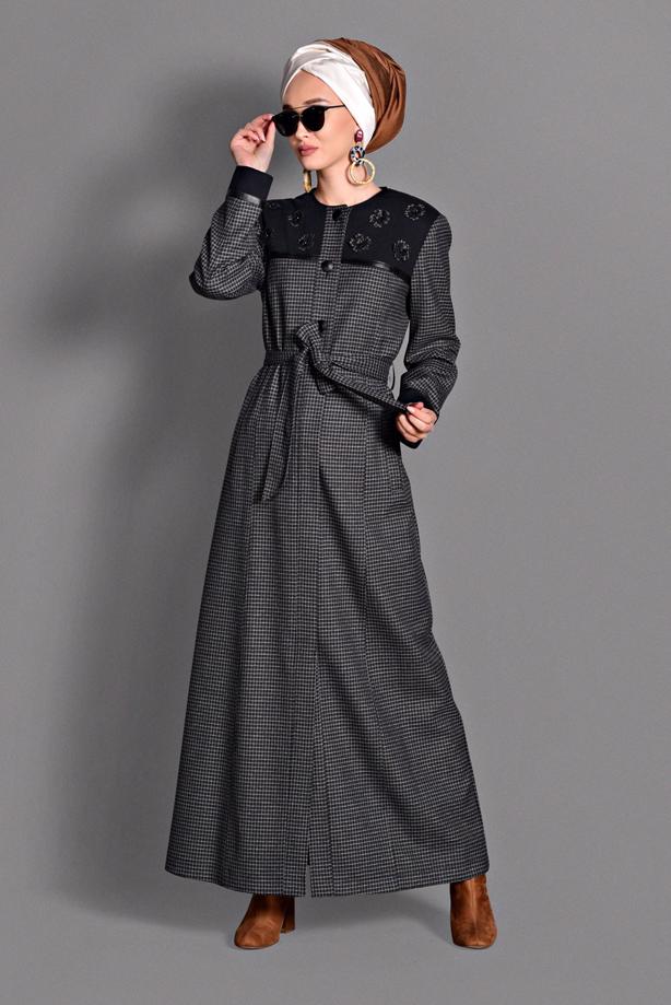 Hijab clothing BLACK PLAID OVERCOAT 1165  - TRENDTESETTÜR