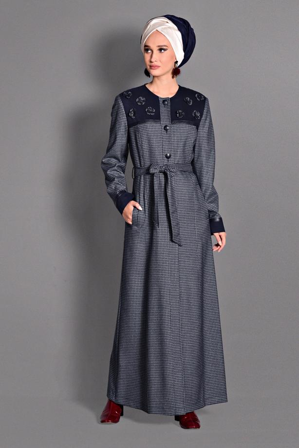 Hijab clothing NAVY BLUE PLAID OVERCOAT 1165  - TRENDTESETTÜR
