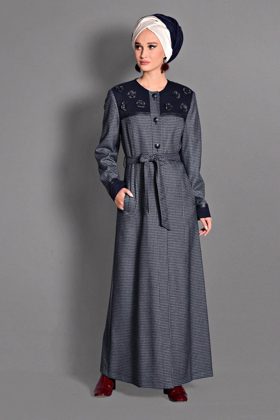 Hijab clothing NAVY BLUE PLAID OVERCOAT 1165 