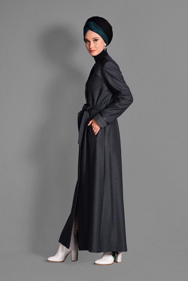 Hijab clothing GREY BUTTON-DOWN BELTED TOPCOAT 1166  - TRENDTESETTÜR