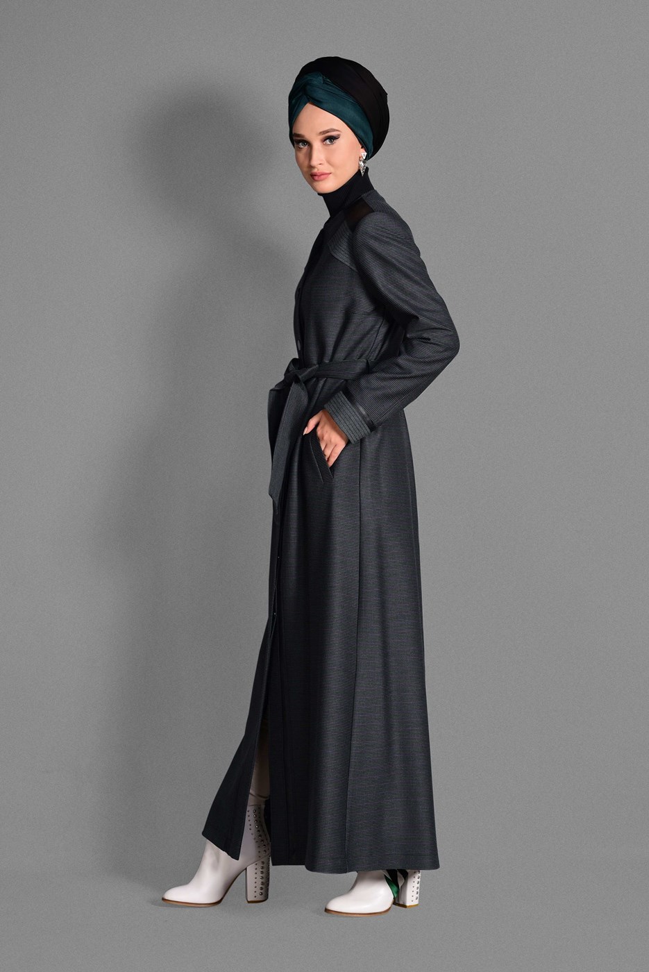 Hijab clothing GREY BUTTON-DOWN BELTED TOPCOAT 1166 