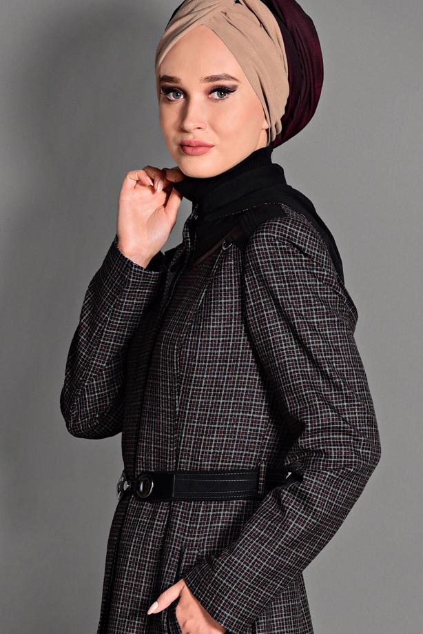 Hijab clothing BLACK PLAID OVERCOAT 1173 - TRENDTESETTÜR