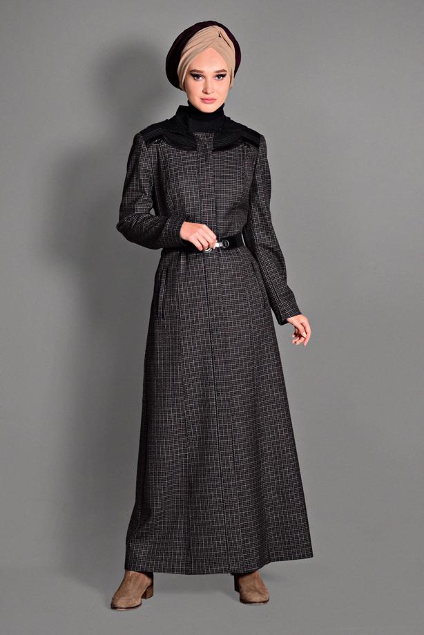 Hijab clothing BLACK PLAID OVERCOAT 1173 - TRENDTESETTÜR