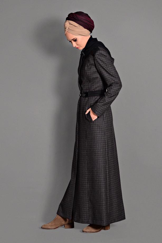 Hijab clothing BLACK PLAID OVERCOAT 1173 - TRENDTESETTÜR