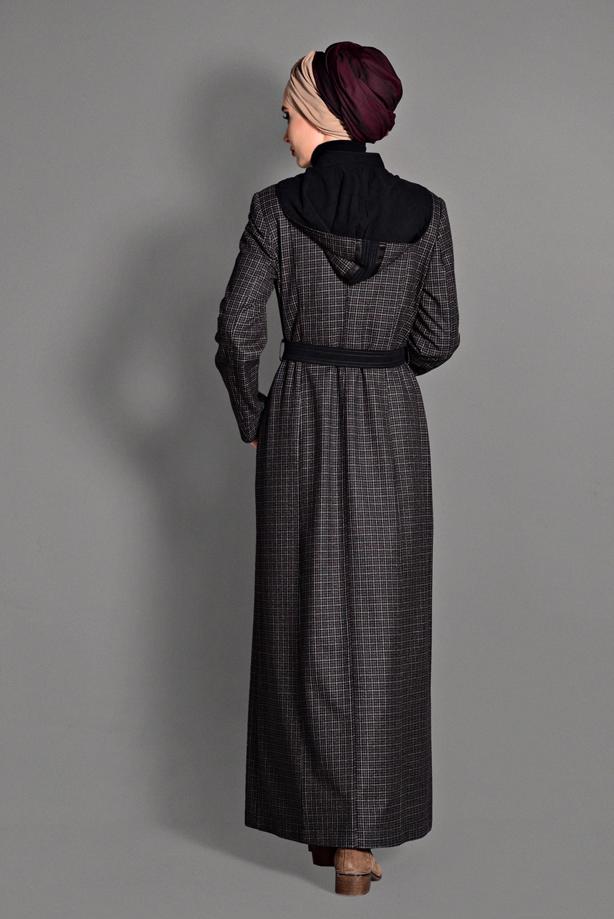 Hijab clothing BLACK PLAID OVERCOAT 1173 - TRENDTESETTÜR