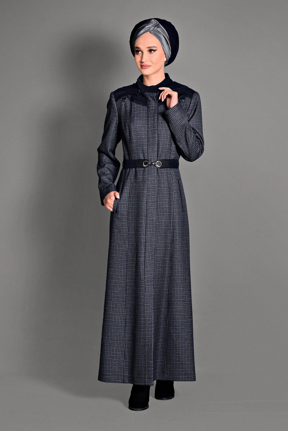 Hijab clothing NAVY BLUE PLAID OVERCOAT 1173