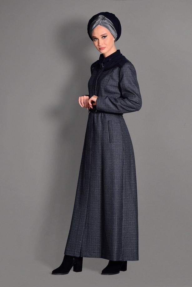 Hijab clothing NAVY BLUE PLAID OVERCOAT 1173 - TRENDTESETTÜR