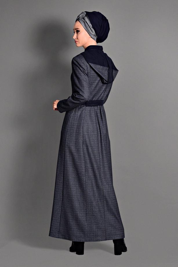 Hijab clothing NAVY BLUE PLAID OVERCOAT 1173 - TRENDTESETTÜR