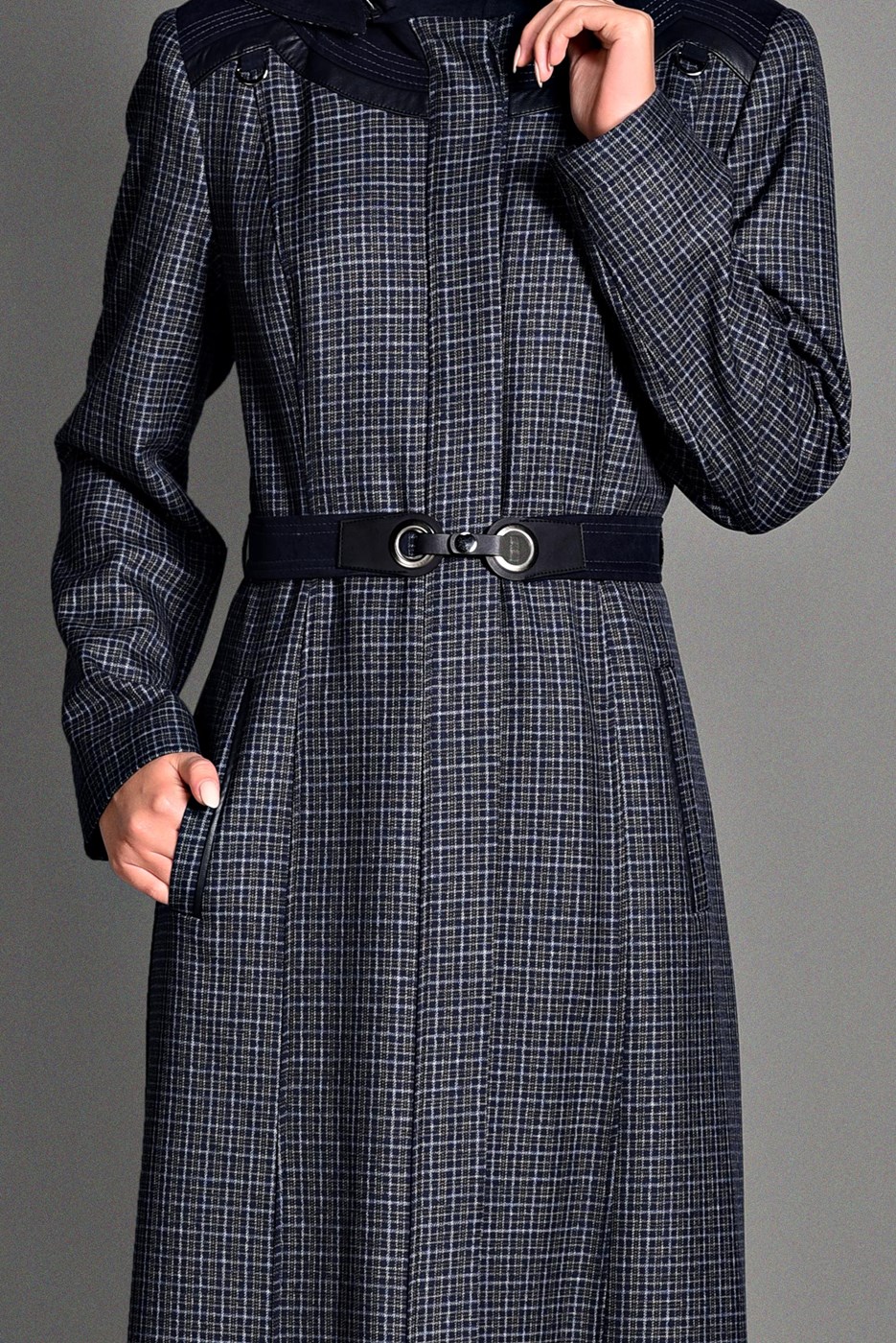 Hijab clothing NAVY BLUE PLAID OVERCOAT 1173