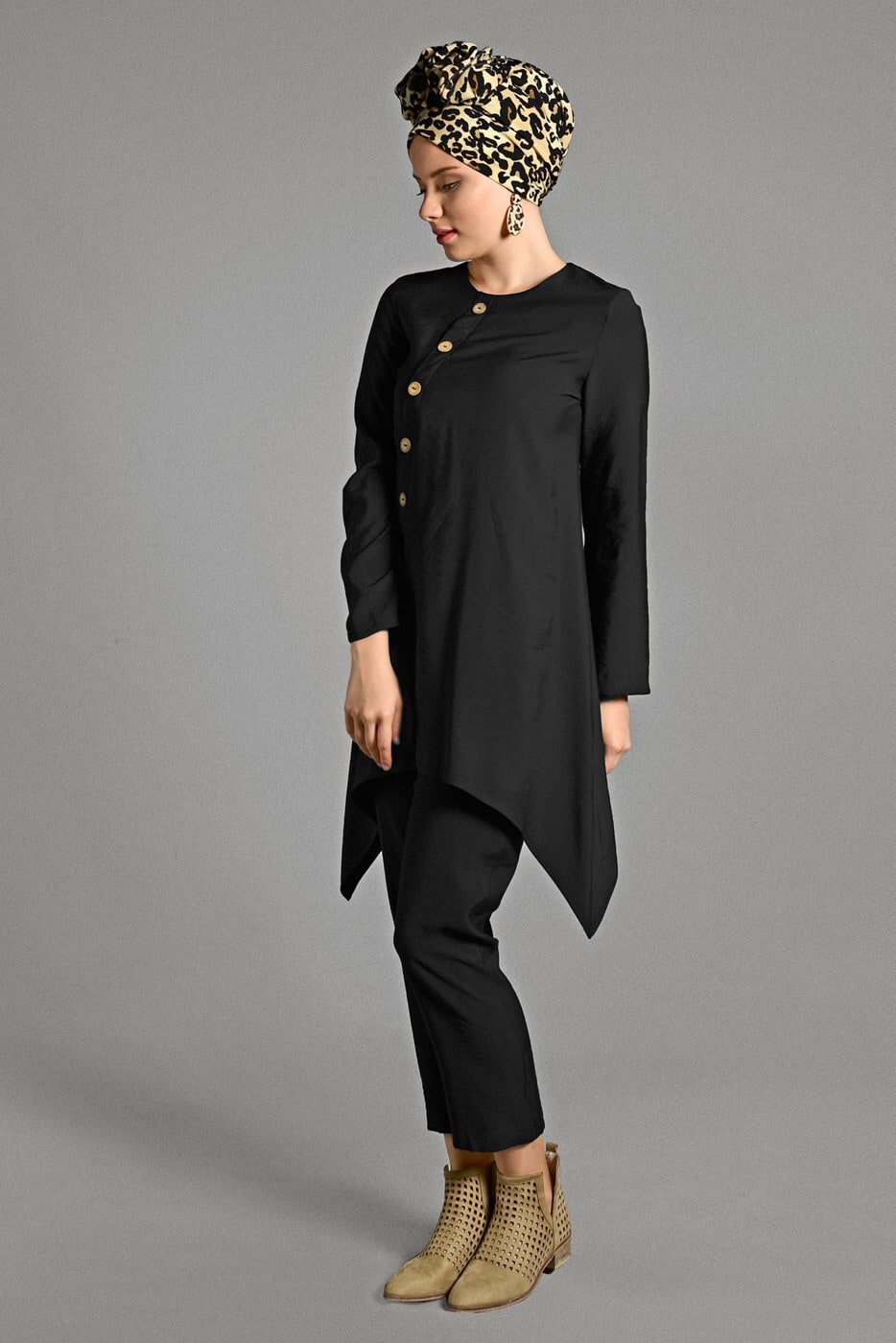 Tesettür giyim SİYAH DÜĞME DETAYLI 2&prime;Lİ PANTOLONLU TAKIM 6429 