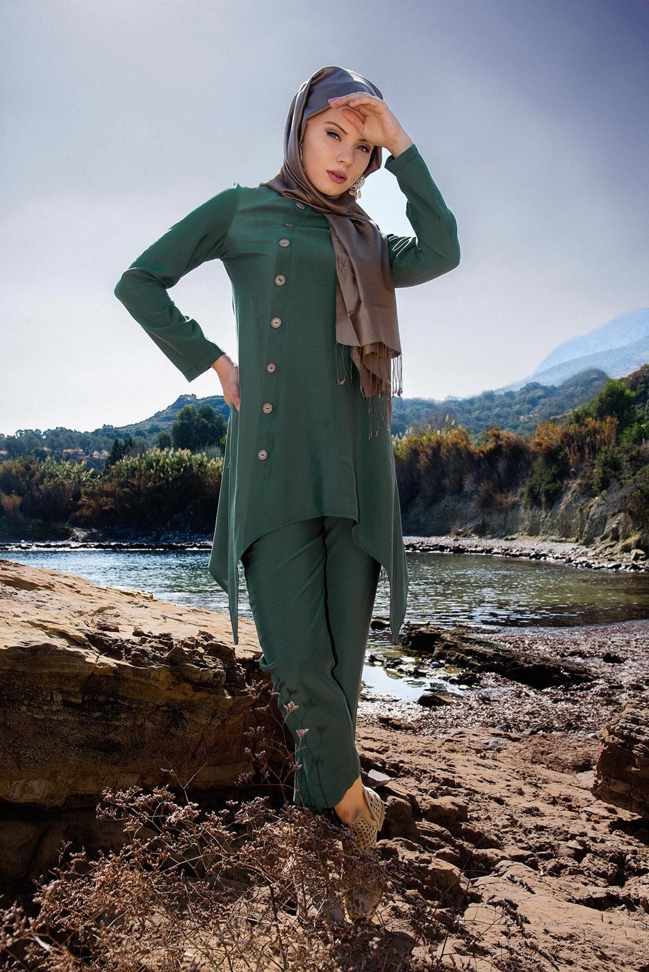 Tesettür giyim YEŞİL DÜĞME DETAYLI 2&prime;Lİ PANTOLONLU TAKIM 6429 