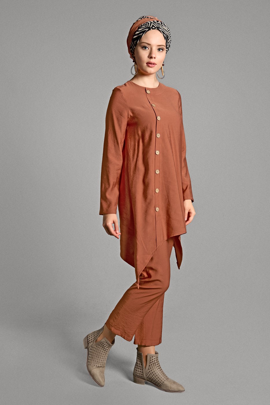 Tesettür giyim TURUNCU DÜĞME DETAYLI 2&prime;Lİ PANTOLONLU TAKIM 6429 